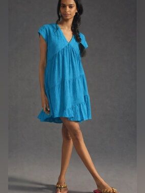 Maeve Anthropologie Teal Textured Tiered Mini Dress Small Boho Babydoll